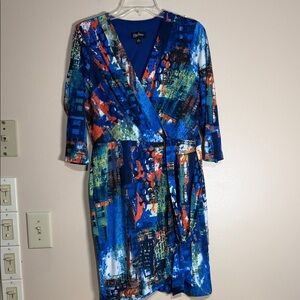 Oleg Cassini Blue Multi abstract wrap midi dress